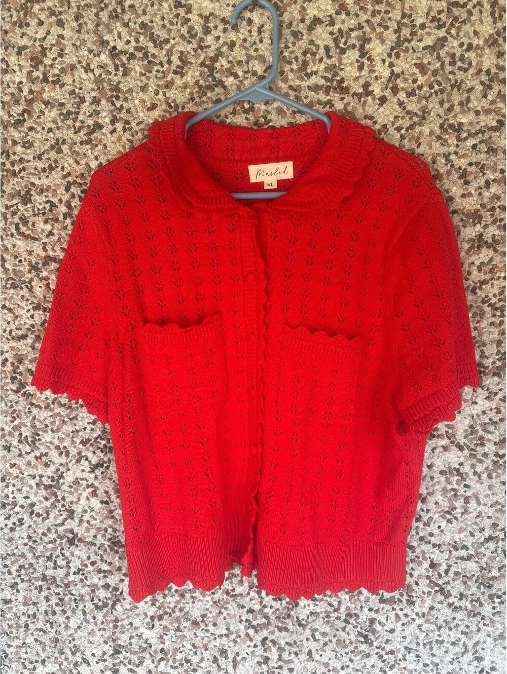 Marled Red Pointelle Cardigan XL Scalloped Peter Pan Collar Cottagecore Sweater